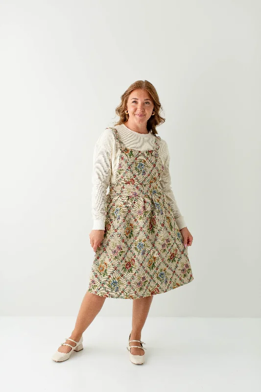 Plus size dresses with sleek necks stay elegant -Bohemian plus size dresses for relaxed style -'Dolly' Quilted Vintage Floral Pinafore Dress in Taupe