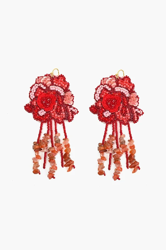 Drop Earrings for Work Attire -Red Roses Beaded Earrings