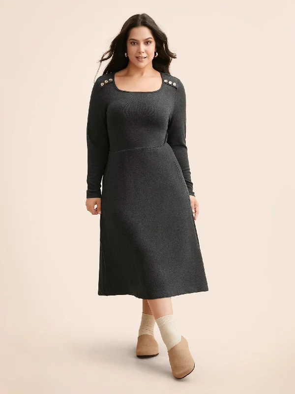 Plus size dresses with simple cuts stay timeless -Plus size dresses with sheer sleeves for a delicate touch -Supersoft Essentials Button Shoulder Midi Dress