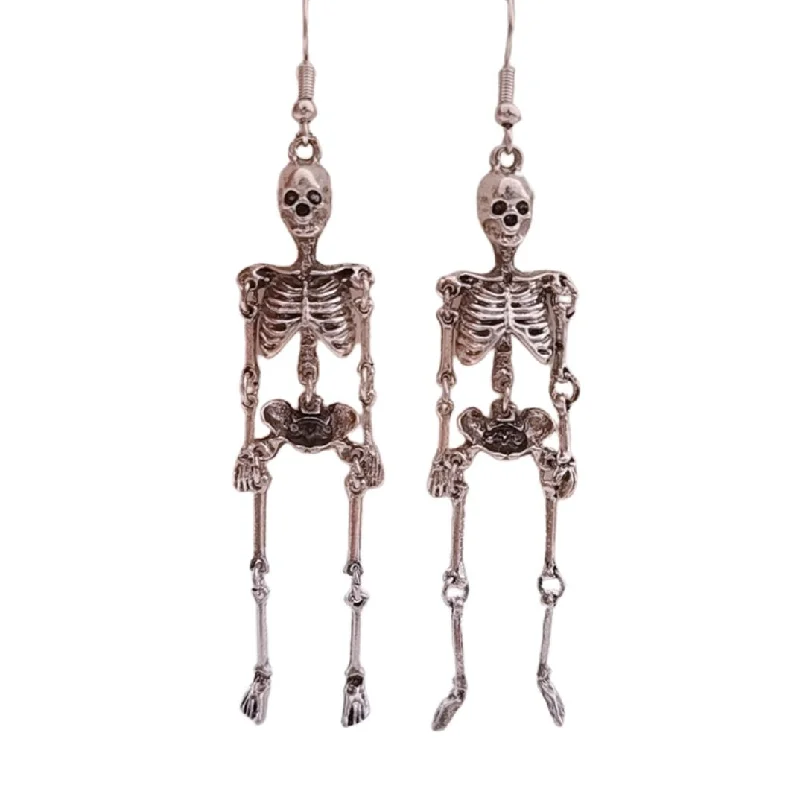 Studded Drop Earrings with Gemstones -Anatomically Spooky Skeleton Dangle Earrings in Silver