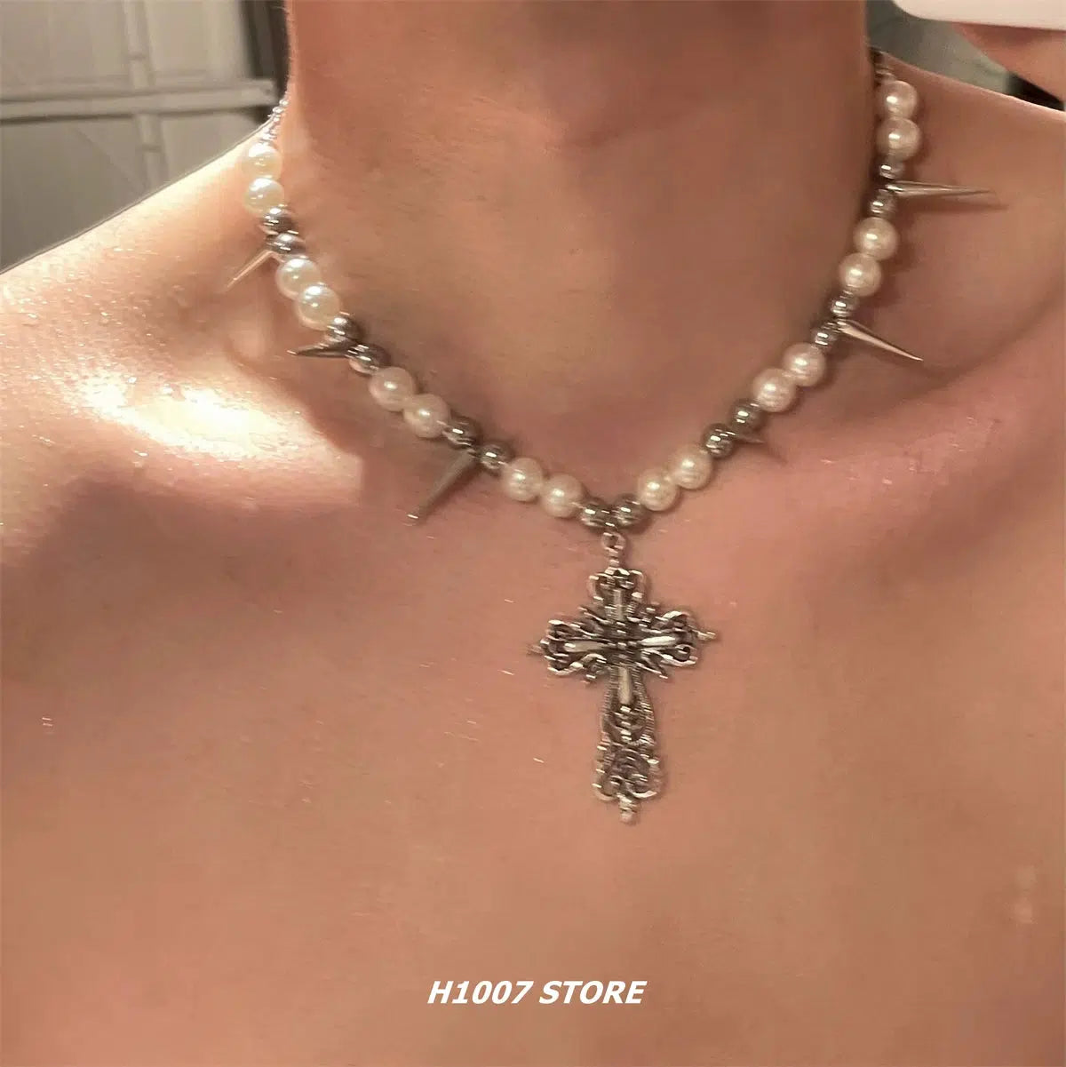 Beautiful necklaces and pendants with moonstone for an ethereal, mystical appearance-Pearl Spike Cross Pendant Necklace