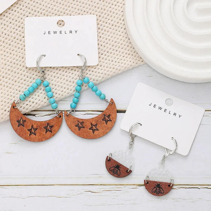 Screw Back Drop Earrings for Security -Wholesale Bohemian Moon Star Bee Print Hollow Acrylic Wood Earrings