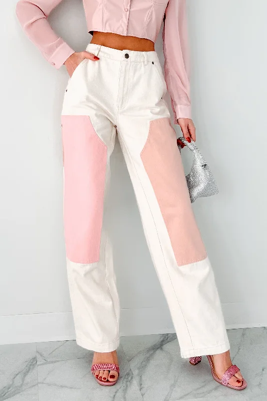 Party Jeans for Night Out -Sabra Straight Leg Colorblock Jeans (Ivory/Pink)