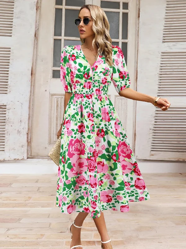 Plus size dresses featuring wrap styles are versatile -Plus size dresses for spring with light fabrics -Ruched Printed Surplice Short Sleeve Dress