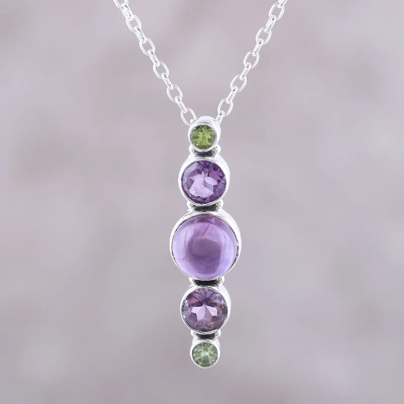 Best necklaces and pendants with intricate filigree for vintage-inspired elegance-Glittering Union Amethyst and Peridot Pendant Necklace Crafted in India