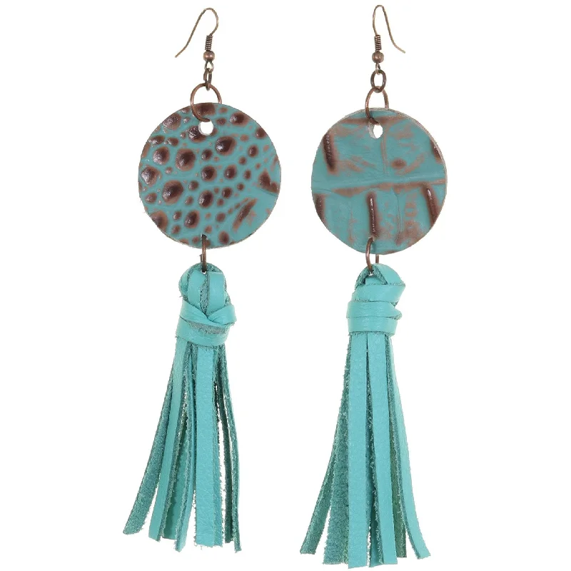 Short Drop Earrings for Subtle -VE37 - Vintage Mint Croco & Turquoise Tassel Earrings