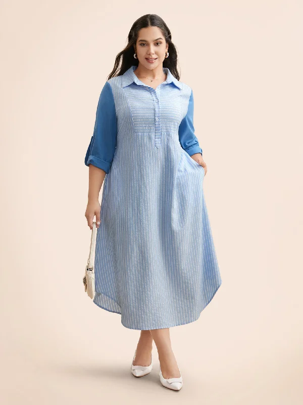 Plus size dresses for wet weather stay dry -Plus size dresses with bold stripes for a slimming look -Striped Patchwork Contrast Tab Sleeve Dress