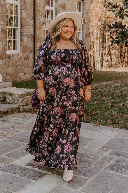 Plus size dresses for rainy days stay practical -Plus size dresses for dinner parties -Autumn Encounters Satin Floral Maxi Dress Curves