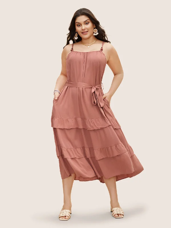 Plus size dresses for spring bloom with grace -Comfortable plus size dresses for lounging -Solid Ruffle Layered Hem Cami Dress