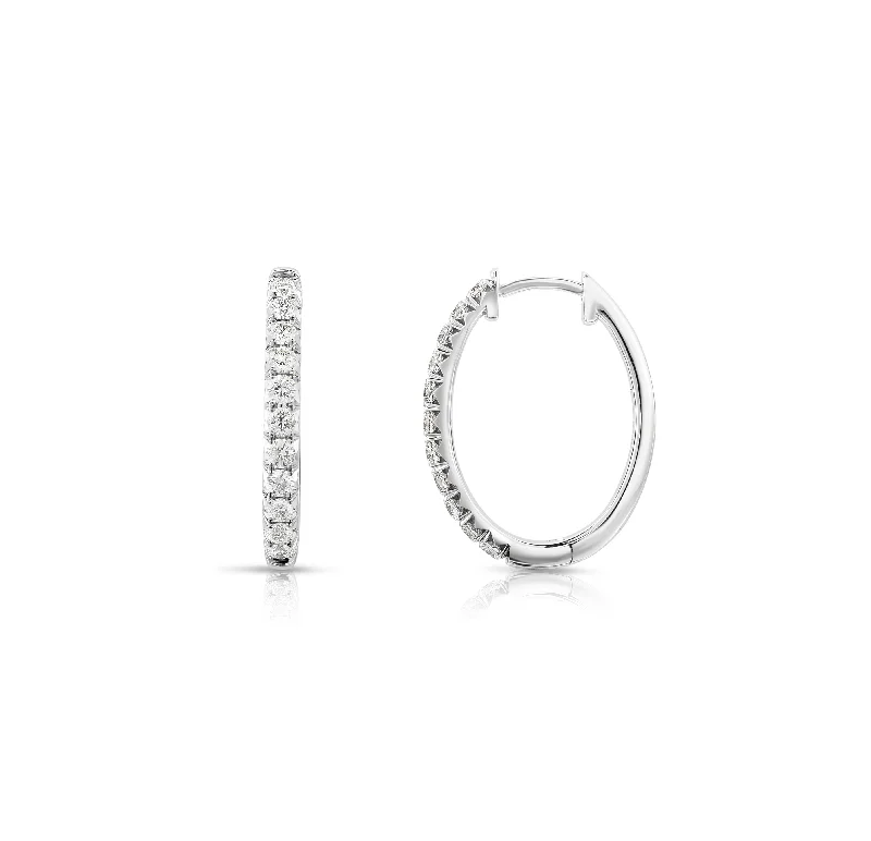 Drop Earrings with Hammered Finish -Sabel Collection White Gold Diamond Oval Hoop Earrings