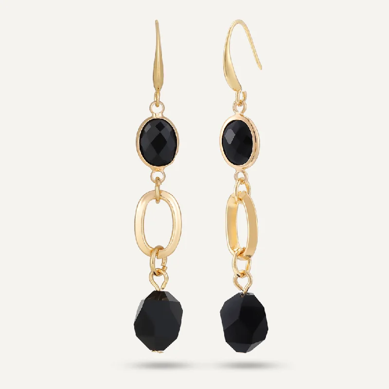 Ethnic Drop Earrings with Tribal Design -Black Crystal Drop Earrings In Gold-Tone