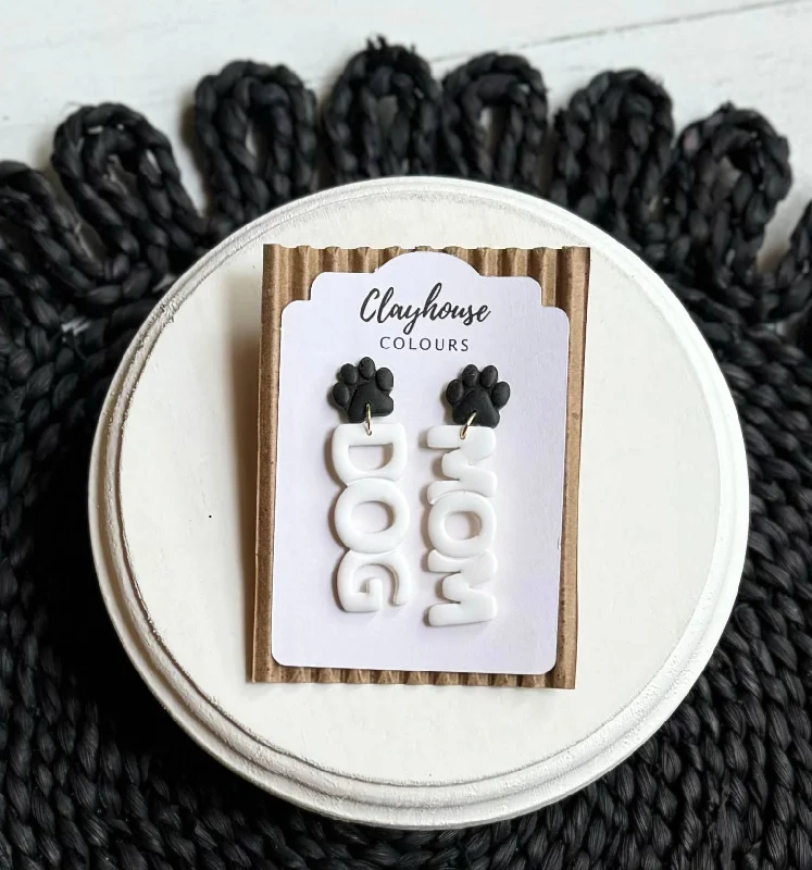 Drop Earrings for Bridesmaids Look -Black Paws Dog Mom Dangles Clay earrings