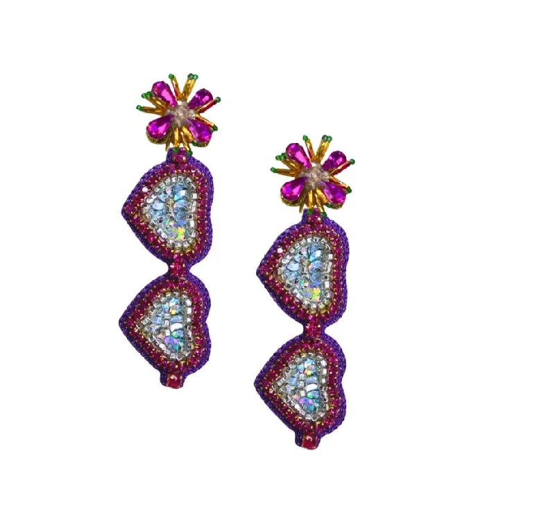 Drop Earrings for Wedding Ceremony -Mardi Gras Sunglass Earrings in Purple