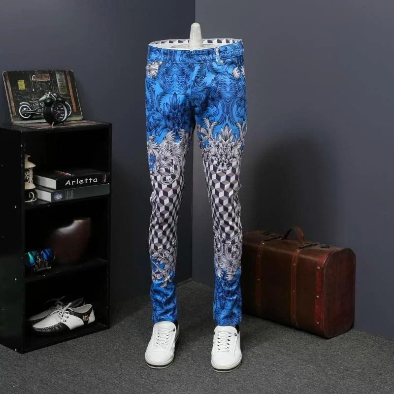 Faded Jeans for Laid-back -Men's Pantolon Royal Printed Slim Fit Full-Length Skinny Denim Jeans Pants