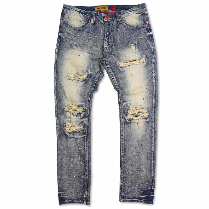 Five Pocket Jeans for Storage -M1725 Shredded Denim Jeans with Paint Splashes - Dirt Wash