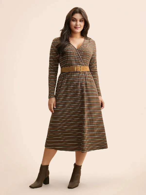 Plus size dresses with tie waists adjust perfectly -Plus size dresses with diagonal lines for a slimming effect -Striped Overlap Collar Midi Dress