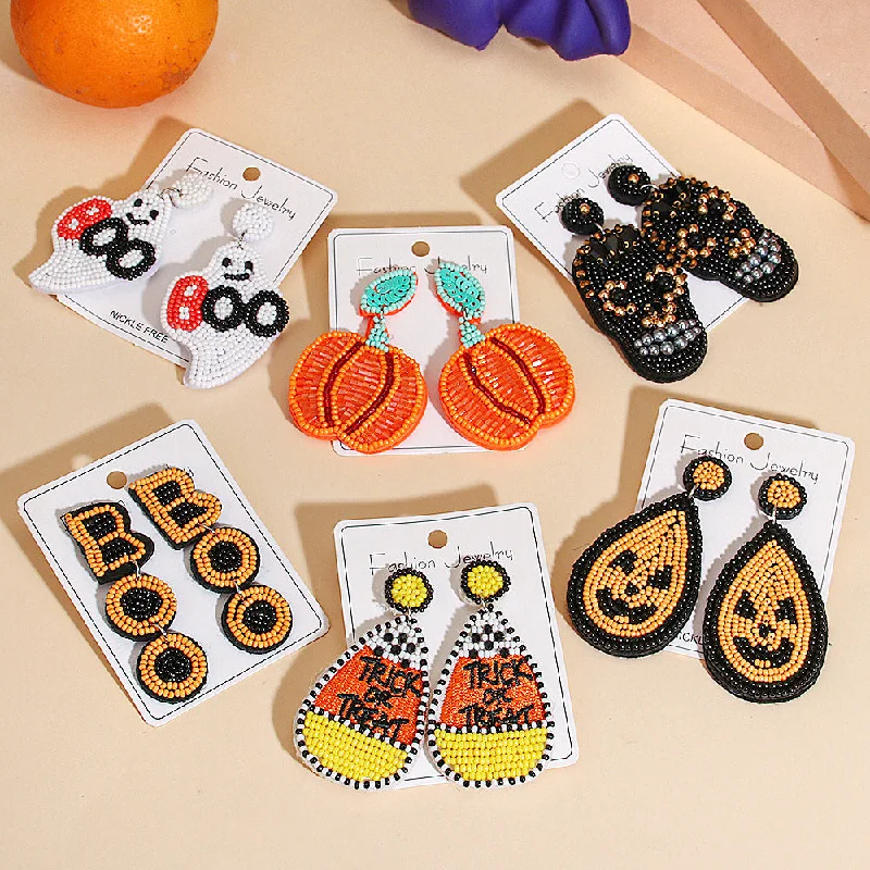 Drop Earrings with Symbolic Elements -Wholesale Halloween Exaggerated Rice Bead Sewing Earrings