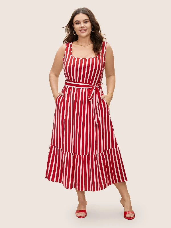 Plus size dresses with comfy flows feel gentle -Plus size dresses with floral embroidery for texture -Square Neck Striped Belted Midi Dress