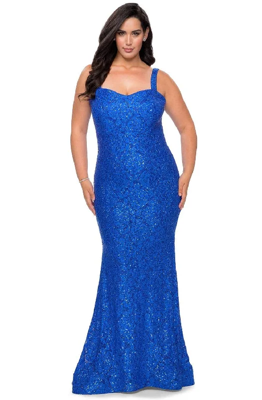 Plus size dresses with stretchy knits hug curves -Plus size dresses with tulle accents for a whimsical vibe -La Femme - 28798 Rhinestone Embellished Sweetheart Simple Prom Dress