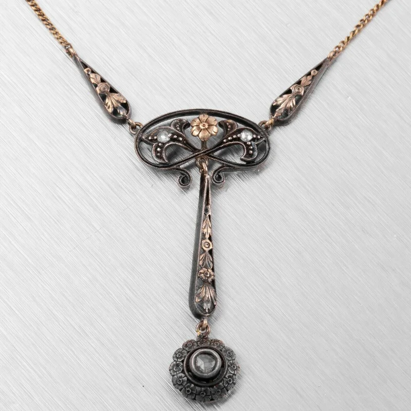 Best necklaces and pendants with glowing moonstone for an ethereal glow-Antique Victorian 18k Yellow Gold & Silver Rose Cut Diamond Necklace 0.15ctw