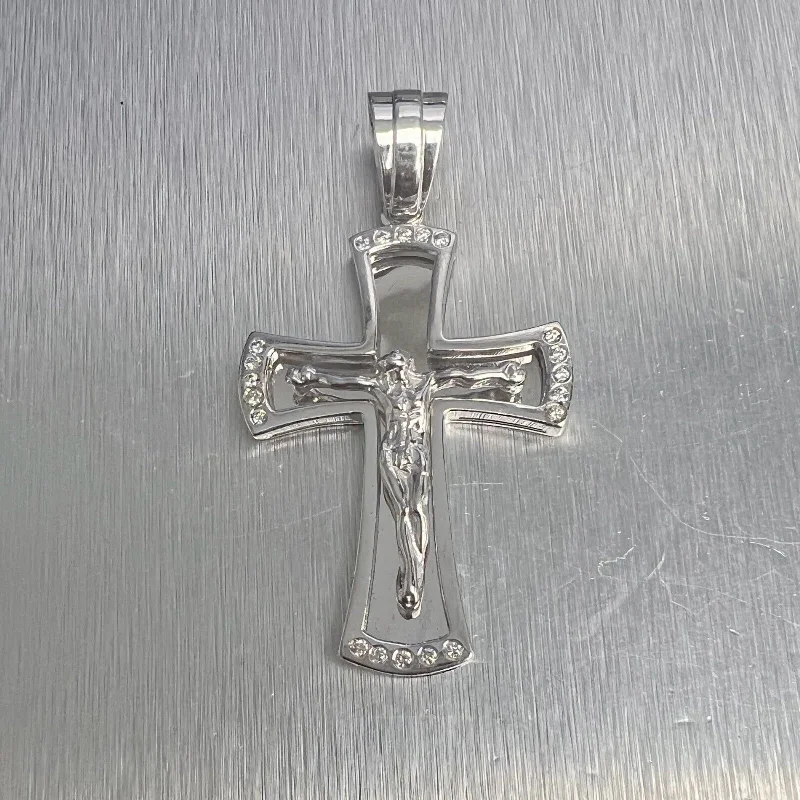 Best necklaces and pendants with opal gemstones for an iridescent glow-14k White Gold Diamond 1.75" Crucifix Cross Shadowbox Mirror Pendant 0.25ctw