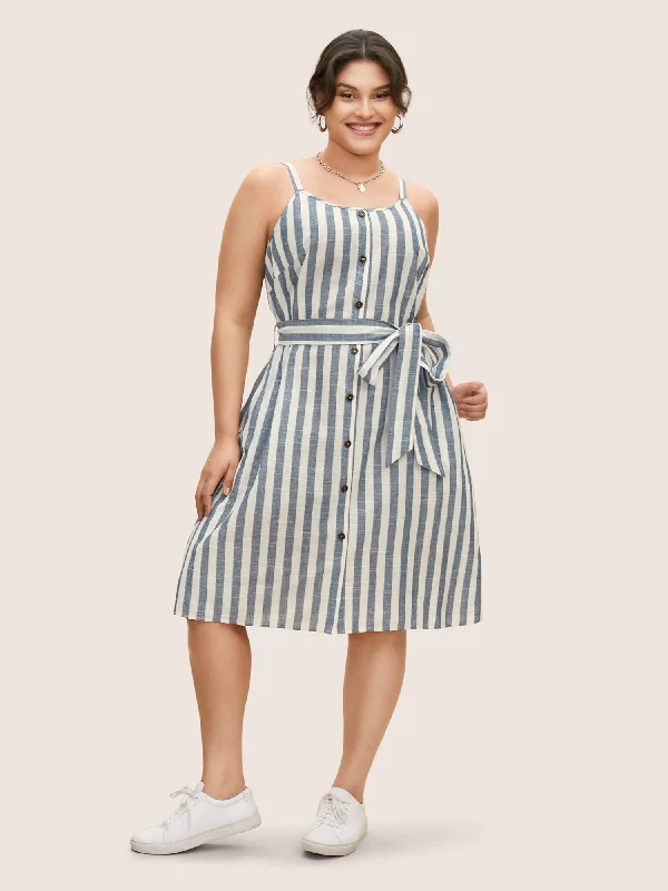 Plus size dresses with sleek fits elongate frames -Plus size dresses with a flowing skirt for ease of movement -Striped Button Detail Belted Cami Dress