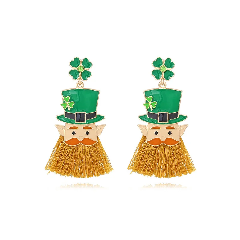 Lead Free Drop Earrings for Health -Wholesale St. Patrick's Clover Hat Beard Alloy Oil Drop Diamond Earrings