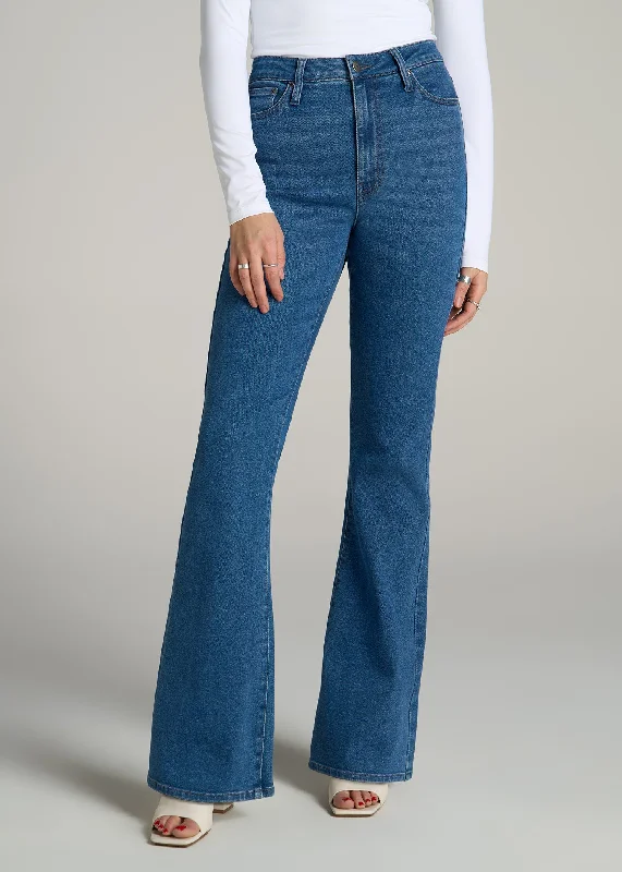 Cycling Jeans for Biking -Chloe High Rise Flare Jeans for Tall Women in Washed Medium Indigo