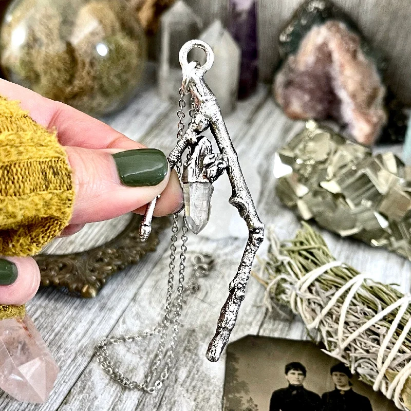 Necklaces and pendants with love knot designs for a romantic, meaningful symbol-Sticks & Stones Collection- Raw Clear Quartz Crystal Necklace in Fine Silver /