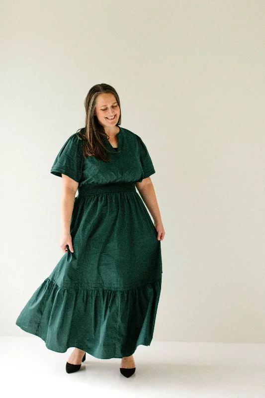 Plus size dresses featuring sequins sparkle subtly -Plus size dresses for bridesmaids with varying styles -Plus 'Jayda' Poplin Tiered Maxi Dress in Emerald FINAL SALE