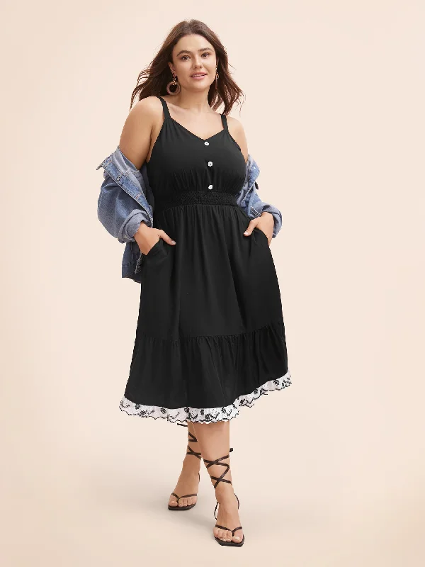 Plus size dresses featuring maxi lengths flow gracefully -Plus size dresses with a bold animal print for statement style -Woven Ribbon Button Detail Cami Dress