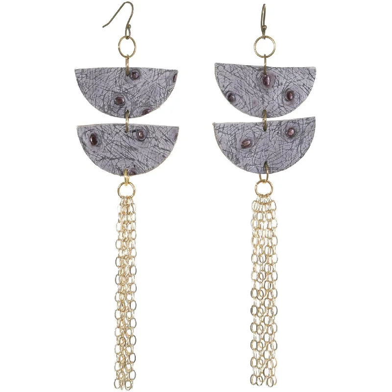 Square Drop Earrings for Modern -VE35 - Grey Ostrich Metallic Double Half Circle Earrings