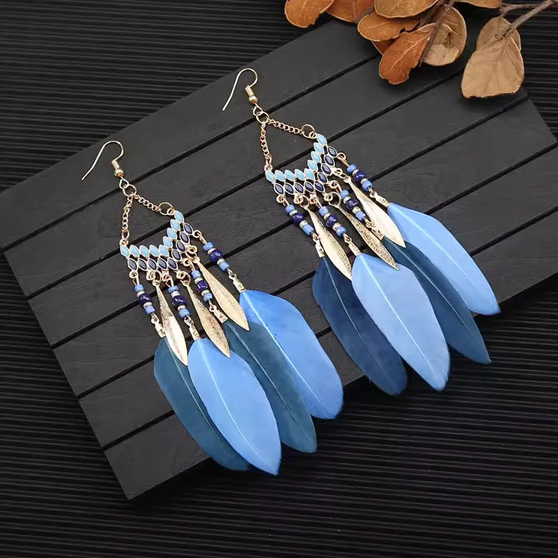 Drop Earrings for Yoga Session -Wholesale Bohemian Long Feather Tassel Earrings