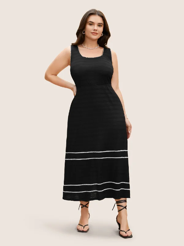 Plus size dresses with classic vibes never age -Plus size bodycon dresses for curvy women -Square Neck Contrast Webbing Split Hem Dress