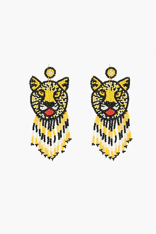 Long Drop Earrings for Dramatic -Tiger Beaded Earrings