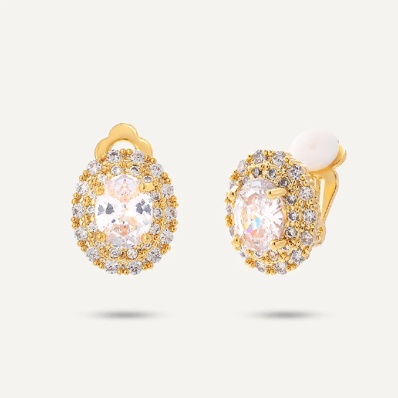 Drop Earrings with Abstract Designs -Oval Crystal and Cubic Zirconia Clip On Earrings In Gold-Tone