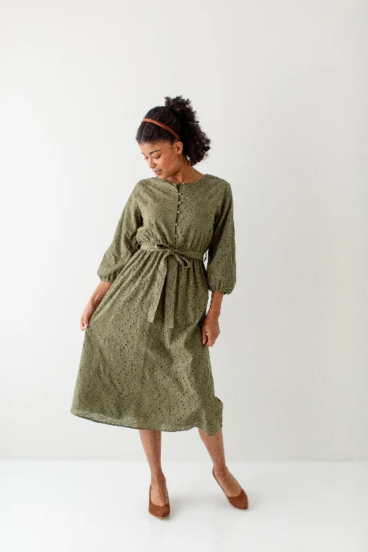 Plus size dresses for parties shine with confidence -Plus size dresses for spring with light fabrics -'Melody' Button Detail Eyelet Midi Dress in Olive