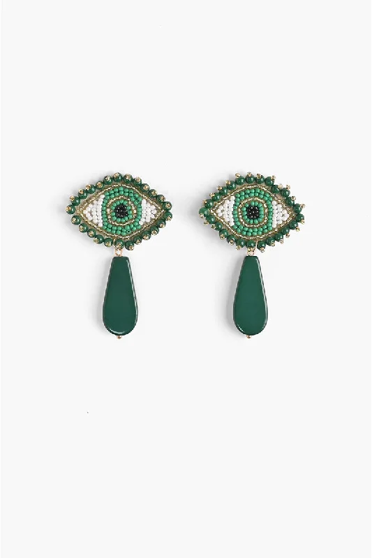 Push Back Drop Earrings for Convenience -Emerald Evil Eye Beaded Earrings