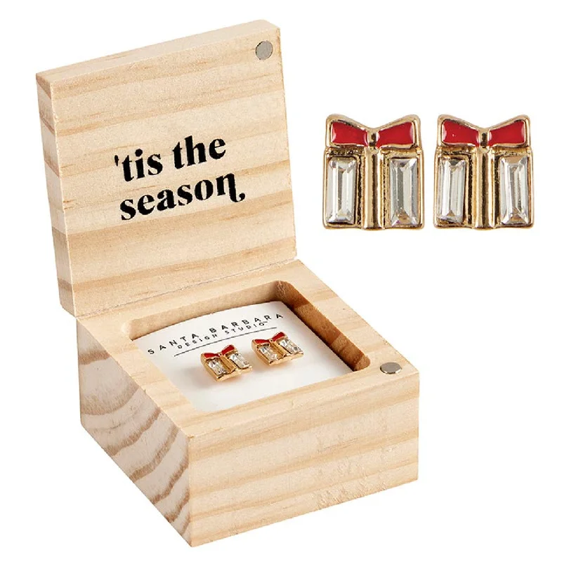 Drop Earrings for Everyday Glamour -'Tis the Season Treasure Box Earrings Set | Gift-box Shaped Earrings in Wooden Gift Box