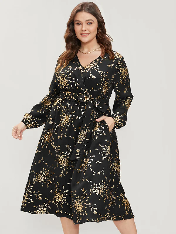 Elegant plus size dresses for weddings fit beautifully -Affordable plus size dresses for everyday wear -Floral Pocket Lantern Sleeve Belted Surplice Neck Dress