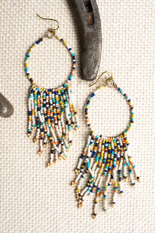 Drop Earrings with Hammered Finish -SALE! White Multi-Color Seed Bead Teardrop Fringe Earrings