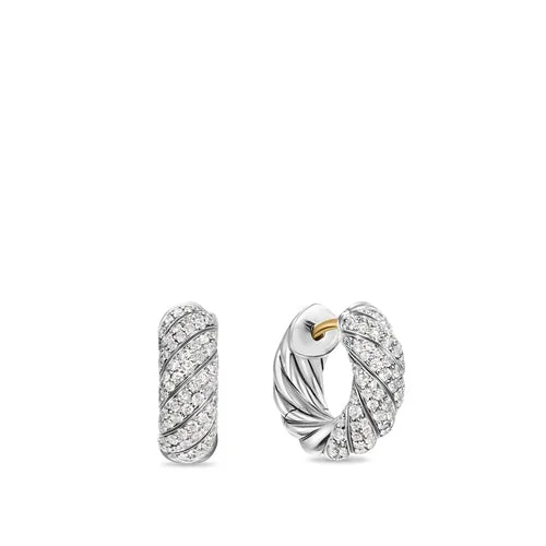 Drop Earrings for Party Look -Sculpted Cable Hoop Earrings in Sterling Silver with Diamonds, 14.4mm