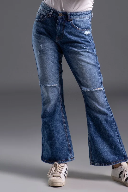 Distressed Jeans for Edgy Style -Mid Rise Ripped Bootcut Denim Jeans (Midnight Blue)