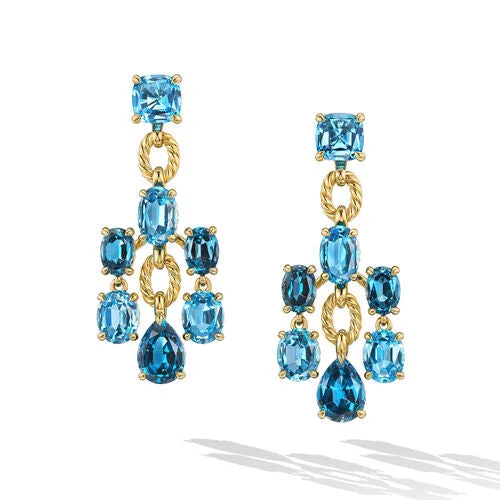 Drop Earrings with Filigree Work -Marbella Chandelier Earrings in 18K Yellow Gold with Blue Topaz and Hampton Blue Topaz, 57mm