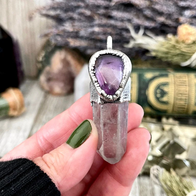 Best necklaces and pendants with art deco elements for a vintage, glamorous design-Raw Clear Quartz & Purple Amethyst Crystal Statement Necklace in Fine Silver / Foxlark Collection - One of a Kind