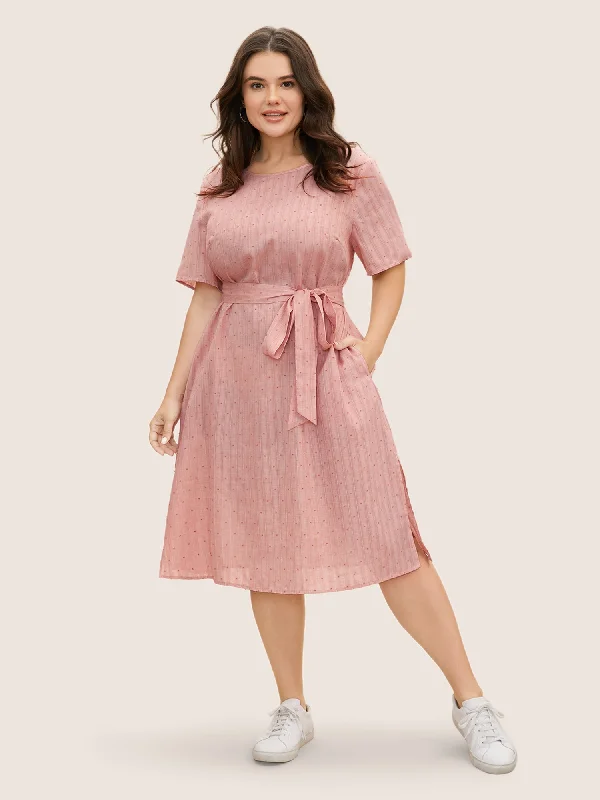 Plus size dresses featuring earthy tones are grounding -Plus size dresses with bold colors for a statement look -Polka Dot Jacquard Split Hem Belted Dress