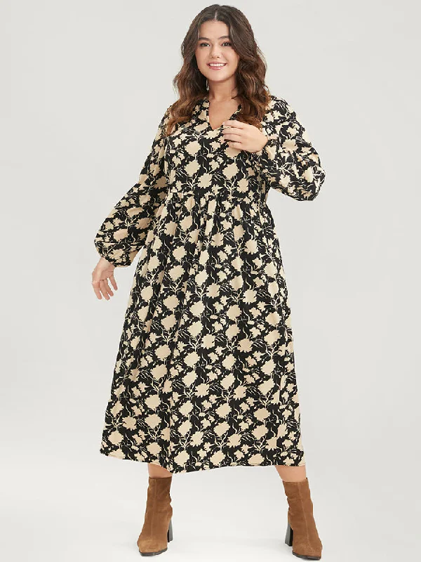 Plus size dresses with soft textures feel cozy -Plus size dresses with crisscross back designs for added style -Floral Lantern Sleeve Pocket V Neck Midi Dress