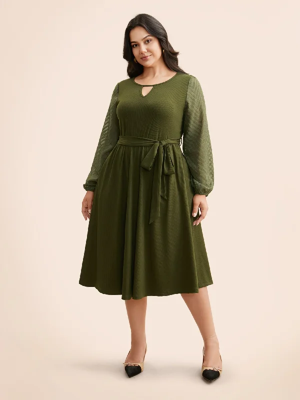 Plus size dresses with bright hues feel lively -Plus size dresses with crisscross back designs for added style -Textured Patchwork Keyhole Belted Dress