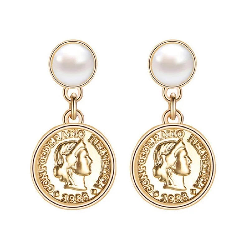 Drop Earrings with Debossed Designs -Wholesale Fashion Exaggerated Retro Alloy Pearl Portrait Earrings