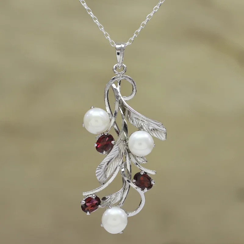 Necklaces and pendants with matching rings for a coordinated set of jewelry-Blissful Nature Cultured Pearl and Faceted Garnet Necklace from India